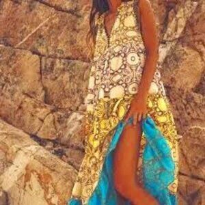 ZARA CROCHET PIPED TRIM TIERED PRINT COTTON BOHO MAXI DRESS - XL +